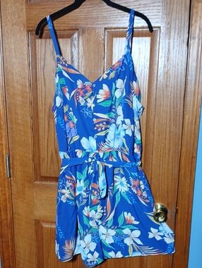 As U Wish Blue Floral Spaghetti-Strap Romper with Tie